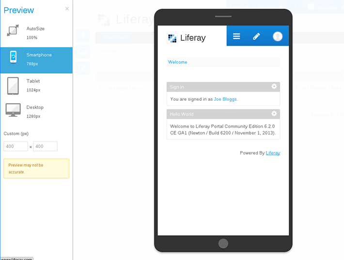 When building pages, Liferay Portal 6.2 provides an always-available preview.